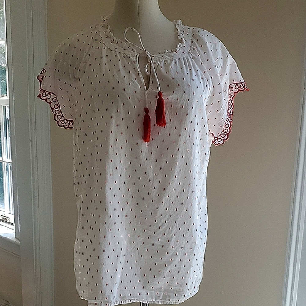 Talbots White Blouse with Red Tassel Accents